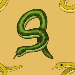 Big Yellow and Green Snake with Yellow Background Seamless Pattern Design