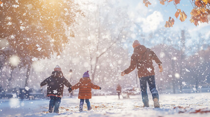  Family building playing in the snow at the park smiling 
