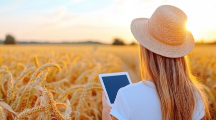 A woman wearing a straw hat holds a tablet while standing in a golden wheat field during sunset, capturing data or enjoying the serene rural ambiance.