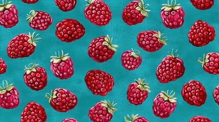   Teal background with strawberries and raspberries, green leaves, and red berries on blue background