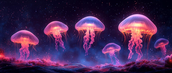 Fototapeta premium Illustration vectorielle de méduse bioluminescente dans les profondeurs marines