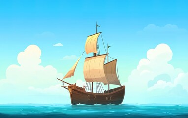 A classic sailing ship navigates calm waters under a clear blue sky surrounded by soft clouds during a peaceful day