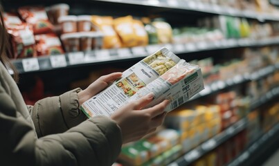 A woman's hands hold a food package, examining the labels and nutritional information.