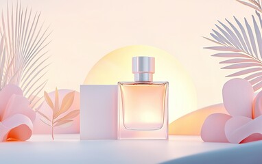Elegant perfume bottle displayed against a soft pastel background with plant accents during a tranquil morning light setting