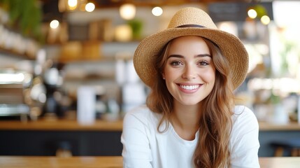 A smiling woman wearing a straw hat sits comfortably at a modern cafe, her joy radiating in the bright, inviting atmosphere of the establishment around her.