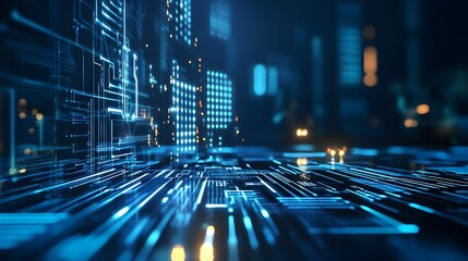 Abstract digital background with glowing blue lines and circuits.