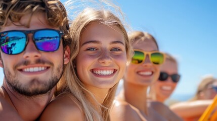 Fototapeta premium Four friends smile brightly at the camera while sitting closely together on a sunny beach, enjoying a warm vacation day with sunglasses and a scenic ocean view.