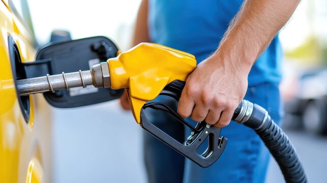 A close-up image shows a person refueling a vehicle using a yellow gasoline nozzle, highlighting the concept of travel and energy efficiency in modern transportation.
