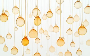 Delicate droplets of amber liquid suspended against a soft white background creating an enchanting visual display in soft lighting