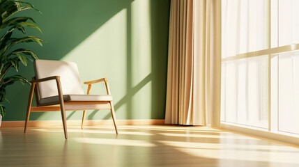 single modern chair in bright, empty room with green walls and sunlight streaming through window, creating serene atmosphere