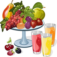 Juices and a bowl of fruit.Vector illustration with ripe fruits in a vase and glasses with juices on a transparent background.
