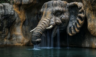 A close-up of a natural rock formation resembling an elephant with water cascading down its trunk into a tranquil pool