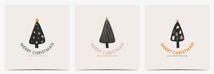 Minimalist Merry Christmas card, postcard, flyer, label, leaflet set with unique Christmas trees on beige backgrounds, vector illustration
