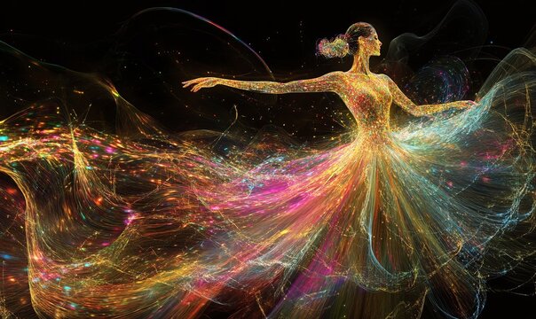 An abstract image capturing the essence of a dancer, with the movement of her dress made of flowing light particles in a spectrum of colors