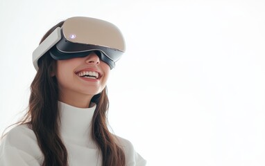 Smiling young pretty woman wearing a colored VR headset on a clean white background
