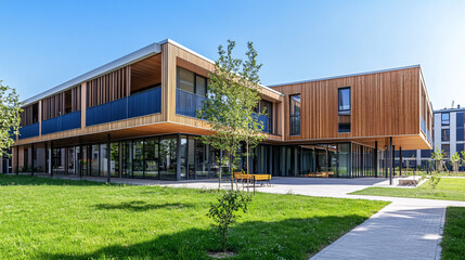 modern wooden building with blue accents and green grass lawn
