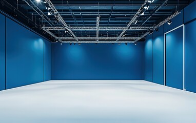 A modern empty exhibition space with blue walls and bright white flooring in an industrial setting