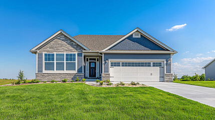 modern gray and stone suburban home with green lawn and driveway