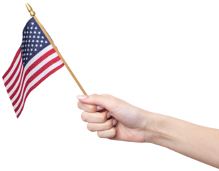 A beautiful female hand holds an American flag on a white background.