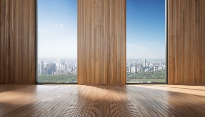 Empty modern interior with wooden wall and city view through large windows. 3D Rendering