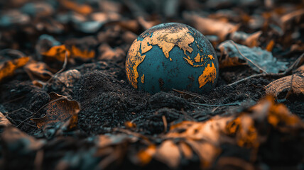 A small globe is sitting in the dirt
