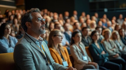 Diverse Audience Engaged in a Professional Conference Setting with Focused Attendees and Speaker in Modern Auditorium