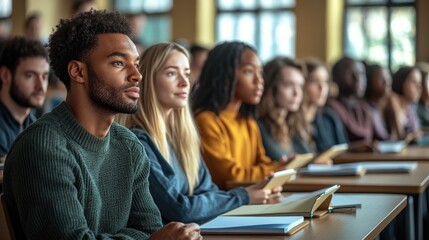 Diverse Group of Students Attentively Listening in a Classroom Setting with Tablets and Notebooks