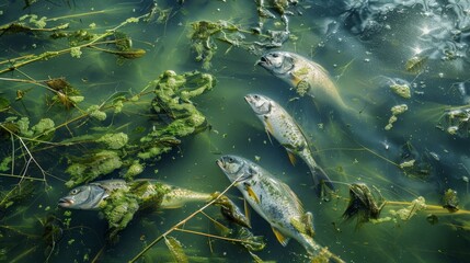 Fototapeta premium Toxic Algae Bloom Polluting Lake with Dead Fish