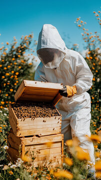 The working beekeeper collects honey. Beekeeping concept.
