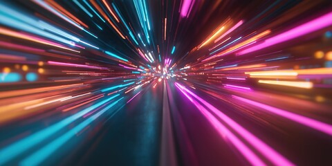 Motion blur of colourful lights in a tunnel as an abstract speed technology high energy vibrant futuristic look