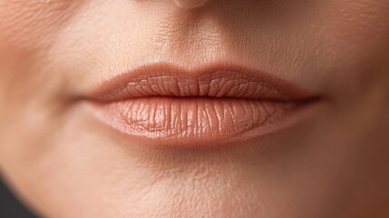 Obraz premium Close-Up of Natural Lips with Nude Lipstick Highlighting Texture and Detail in Soft Lighting