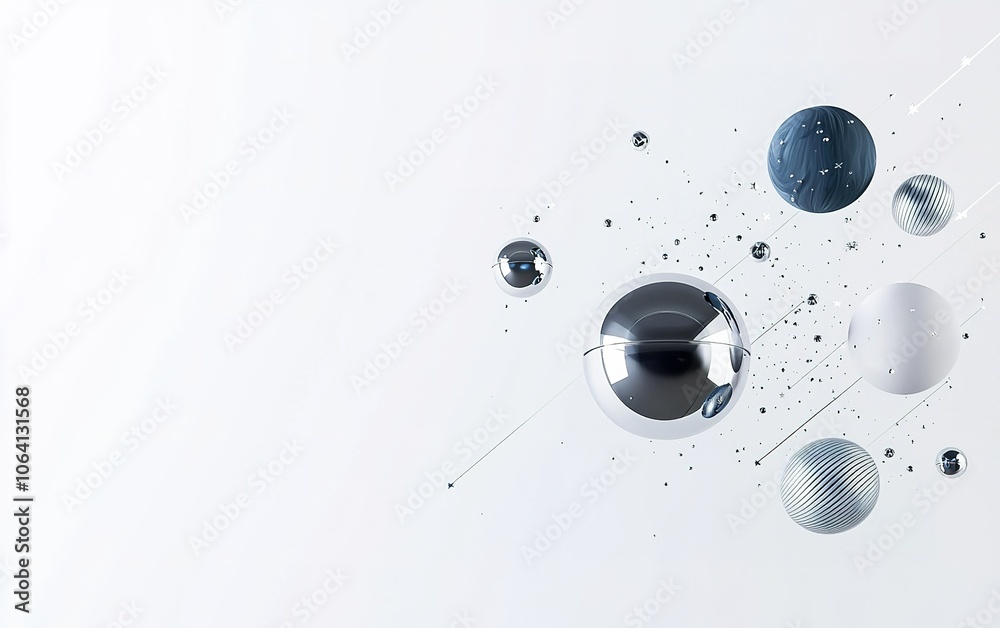 Poster abstract composition of floating metallic spheres with various textures and sizes on a minimalistic 