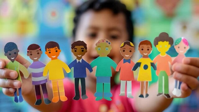 Little boy holds colorful paper dolls with different skin tones, diversity and inclusion. Close up focus