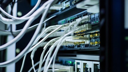 Closeup of server rack with white cables.