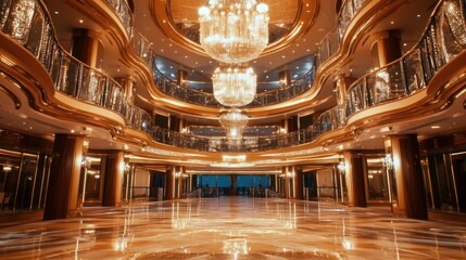 Fototapeta premium A grand, luxurious, and ornate interior with a large chandelier hanging from the ceiling, marble floors, and glass railings, creating a sense of opulence and elegance.