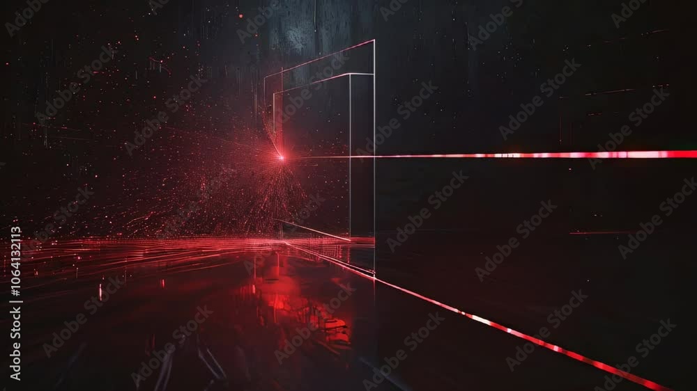 Poster Dynamic Red Laser Beams Dance Through a Dark Space in a Mesmerizing Light Display