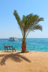 Departure of ship. Bench near beach. Unjustified expectations. Exotic relaxation