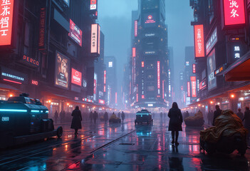 futuristic landscape features neon colors technology amidst bustling cityscape filled innovative gadgets machinery