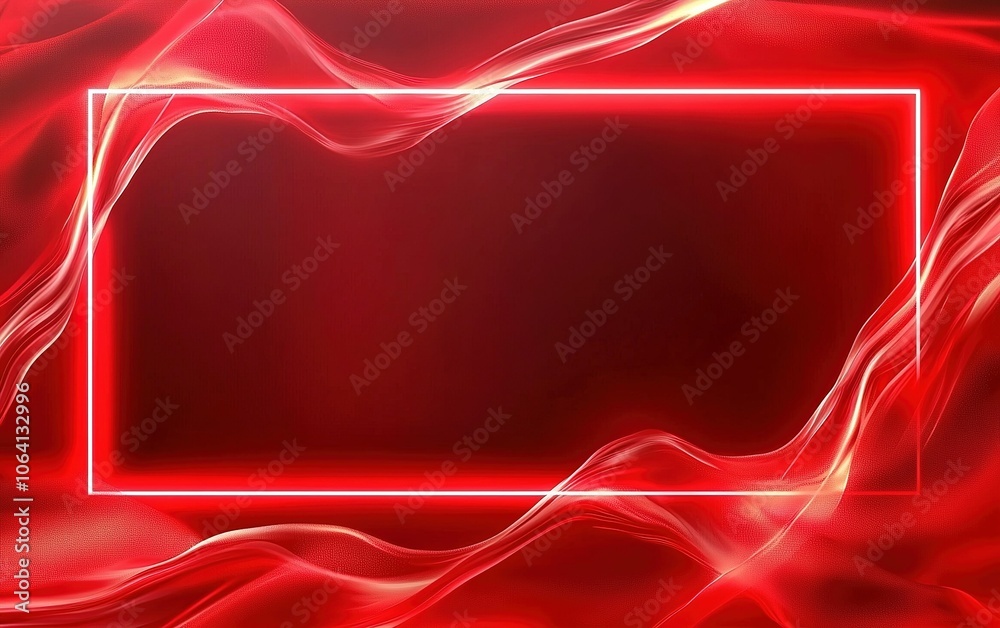 Poster a vibrant red background with flowing abstract elements and a glowing rectangular frame for creative