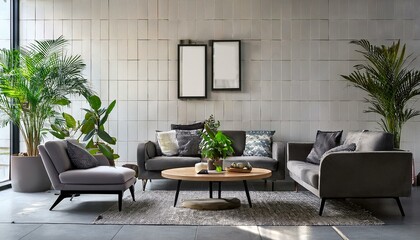 Modern living room interior with sofas, coffee tables, and plants, realistic style, on a tiled background, concept of home design. Generative AI