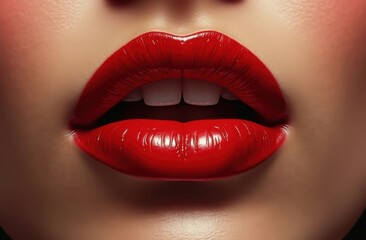 A close-up of perfectly applied red lipstick on full lips highlighting beauty and makeup artistry in a dramatic fashion