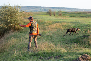 Mature hunter man holding a shotgun and walking through a field