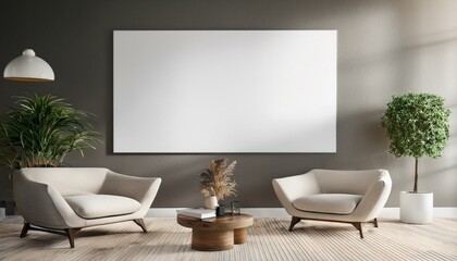 Modern living room with blank poster on wall. 3D Rendering