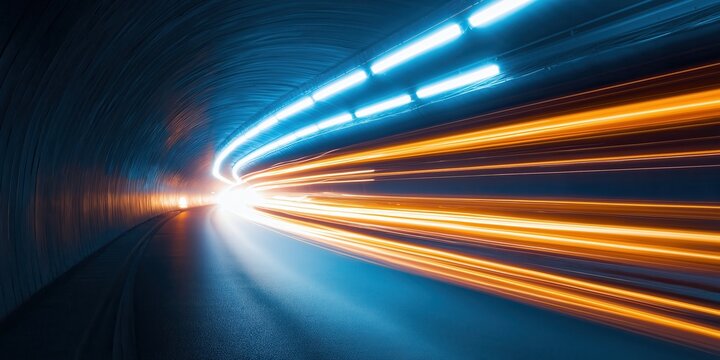 Speeding light trails in blue and orange with a motion blur futuristic highway technology concept - Powered by Adobe