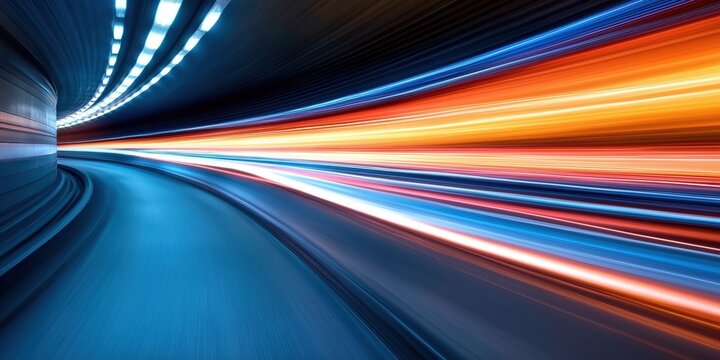 Speeding light trails in blue and orange with a motion blur futuristic highway technology concept
