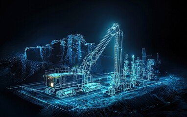 A digital rendering of a mining excavator working in an underground quarry during nighttime with illuminated rock formations in the background