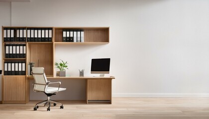 Modern office interior featuring wooden shelves with binders and a computer desk. There's an empty white wall on the right side, offering copy space. Concept of workspace design. 3D Rendering