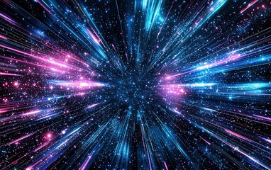 Fototapeta premium A vibrant burst of colorful light beams radiating from a central point in a cosmic space, creating a feeling of depth and motion