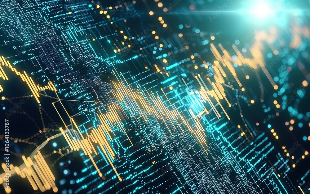 Poster abstract visualization of digital signals displaying data patterns and fluctuations in blue and gold