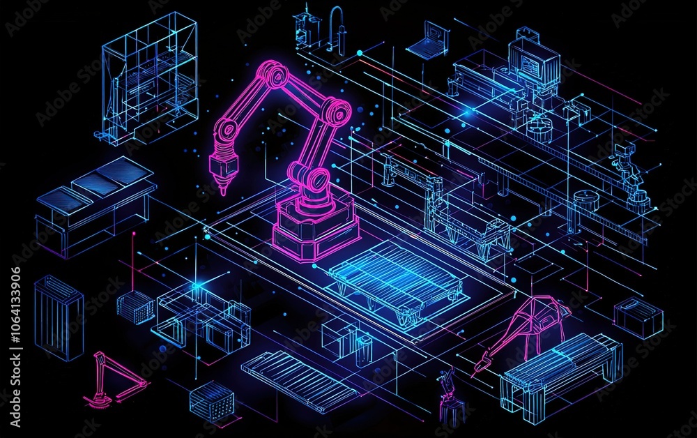Poster modern robotic manufacturing setup featuring vibrant digital design with automated machinery and too